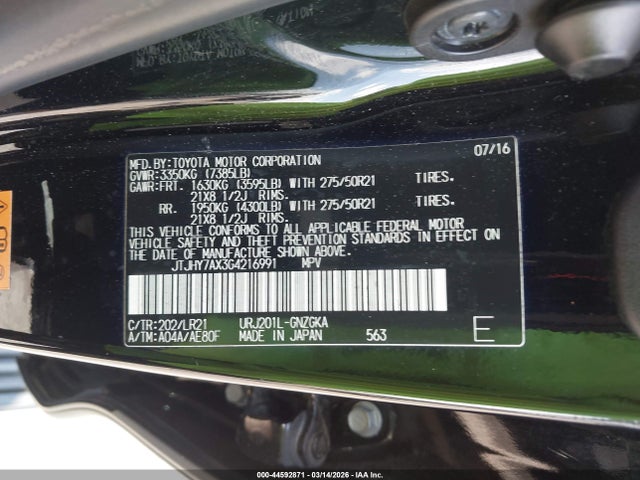 2016 Lexus Lx 570 მანქანა იყიდება აუქციონზე, vin: JTJHY7AX3G4216991, აუქციონის ნომერი: 44592871