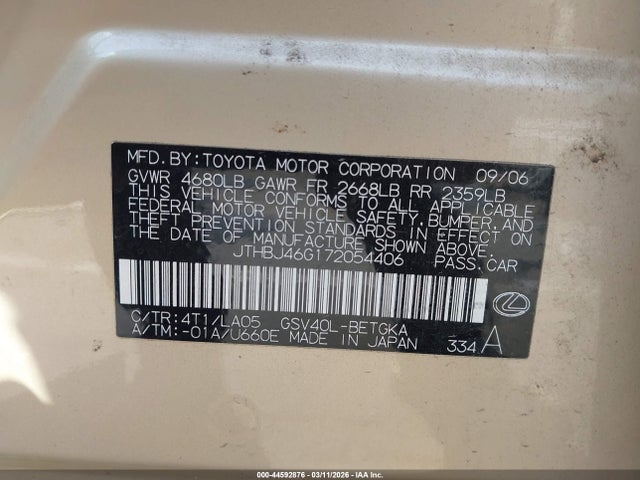 Aukcja sprzedaży 2007 Lexus Es 350, vin: JTHBJ46G172054406, numer aukcji: 44592876