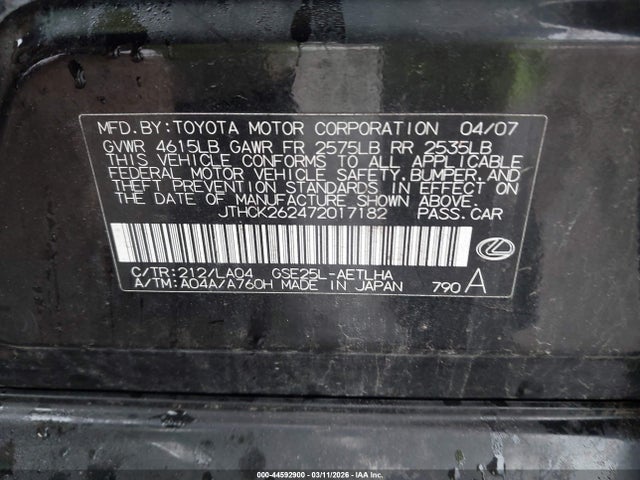 Aukcja sprzedaży 2007 Lexus Is 250, vin: JTHCK262472017182, numer aukcji: 44592900