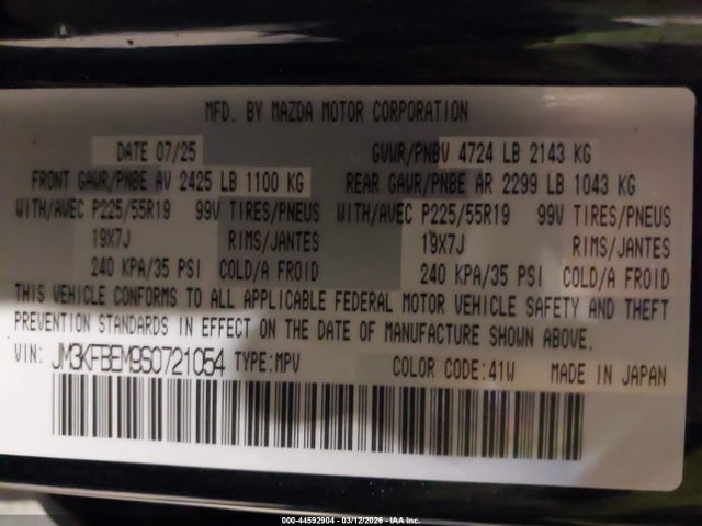 44592904 :رقم المزاد ، JM3KFBEM9S0721054 vin ، 2025 Mazda Cx-5 2.5 S Premium Plus مزاد بيع