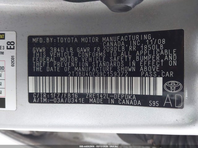 Продаж на аукціоні авто 2009 Toyota Corolla Le, vin: 2T1BU40E39C159372, номер лоту: 44592908