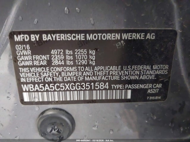44592941 :رقم المزاد ، WBA5A5C5XGG351584 vin ، 2016 Bmw 528i مزاد بيع
