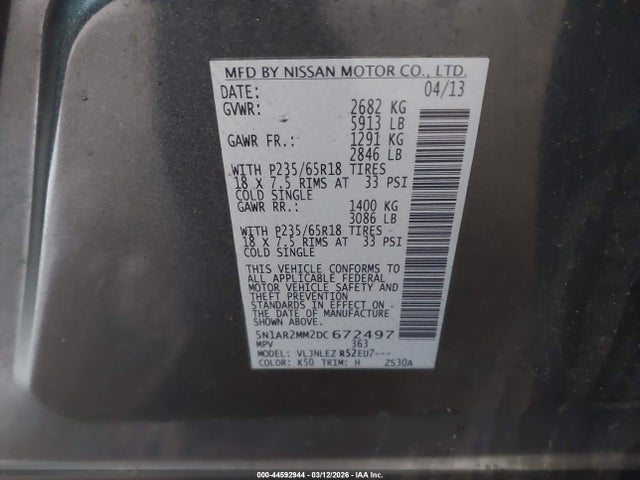 44592944 :رقم المزاد ، 5N1AR2MM2DC672497 vin ، 2013 Nissan Pathfinder Sv مزاد بيع