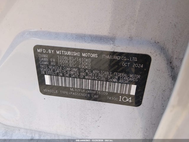 Aukcja sprzedaży 2024 Mitsubishi Mirage G4 Es, vin: ML32FUFJXRHF16109, numer aukcji: 44592983