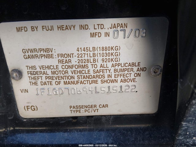 44592985 :رقم المزاد ، JF1GD70694L515122 vin ، 2004 Subaru Impreza Wrx Sti مزاد بيع