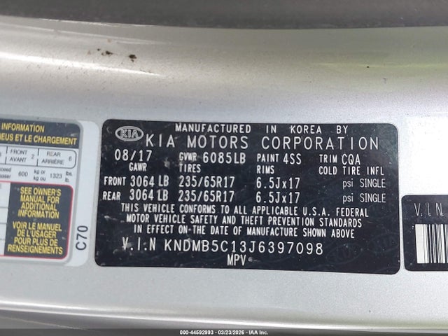 44592993 :رقم المزاد ، KNDMB5C13J6397098 vin ، 2018 Kia Sedona Lx مزاد بيع