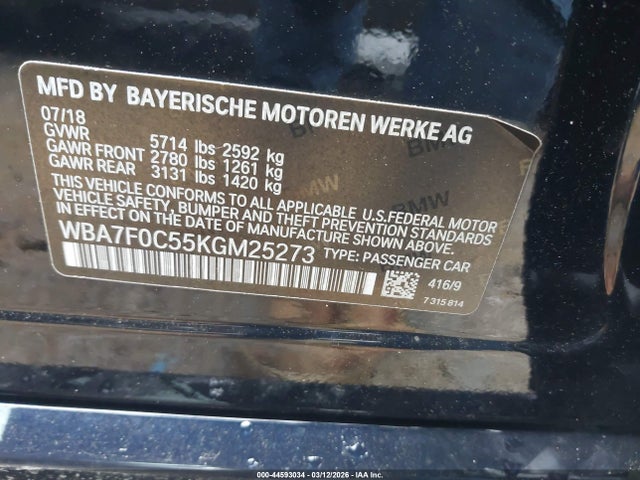 Продажа на аукционе авто 2019 Bmw 750i, vin: WBA7F0C55KGM25273, номер лота: 44593034