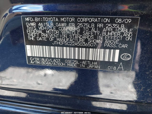 Aukcja sprzedaży 2010 Lexus Is 250, vin: JTHCF5C22A5036507, numer aukcji: 44593037