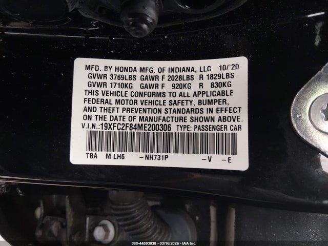 Продажа на аукционе авто 2021 Honda Civic Sport, vin: 19XFC2F84ME200306, номер лота: 44593038
