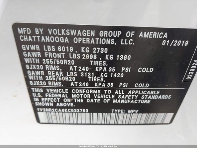 2019 VOLKSWAGEN ATLAS 1V2NR2CA6KC532753 Photo 8