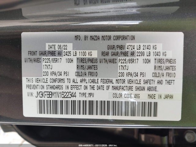 Aukcja sprzedaży 2022 Mazda Cx-5 2.5 S Select, vin: JM3KFBBM1N1622344, numer aukcji: 44593071