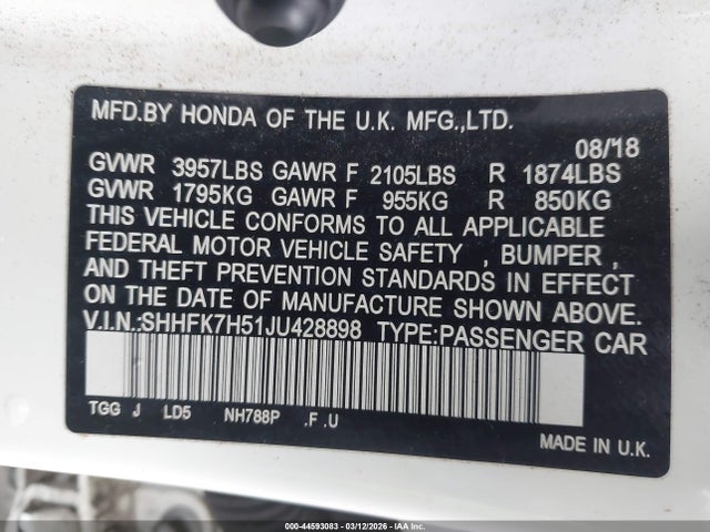 44593083 :رقم المزاد ، SHHFK7H51JU428898 vin ، 2018 Honda Civic Ex مزاد بيع