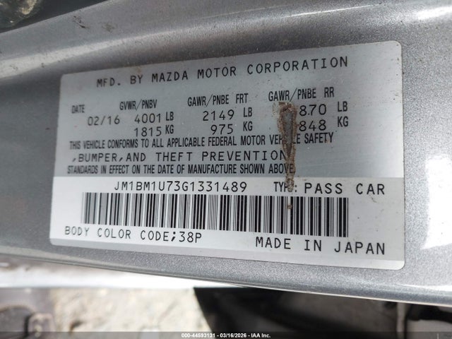 44593131 :رقم المزاد ، JM1BM1U73G1331489 vin ، 2016 Mazda Mazda3 I Sport مزاد بيع