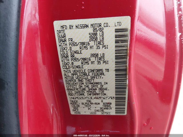 Продажа на аукционе авто 2003 Nissan Frontier Sve-v6, vin: 1N6MD26Y53C405270, номер лота: 44593148