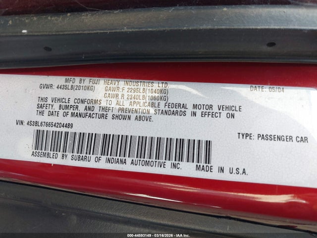 Продаж на аукціоні авто 2005 Subaru Legacy 2.5gt Limited, vin: 4S3BL676654204489, номер лоту: 44593149