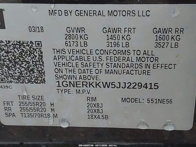 1GNERKKW5JJ229415 Chevrolet Traverse Premier