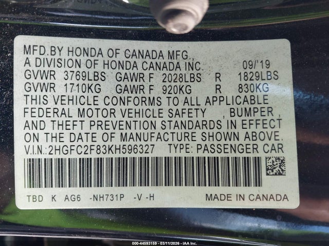 Продаж на аукціоні авто 2019 Honda Civic Sport, vin: 2HGFC2F83KH596327, номер лоту: 44593159