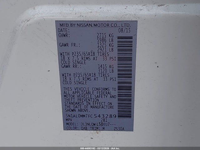 Aukcja sprzedaży 2015 Infiniti Qx60, vin: 5N1AL0MM7FC543289, numer aukcji: 44593162