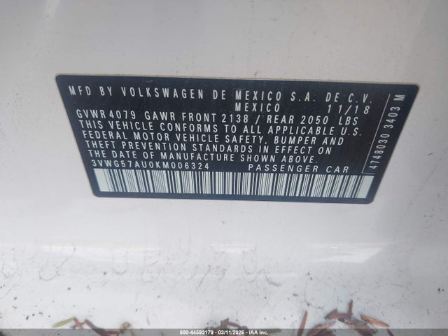 2019 Volkswagen Golf 1.4t S/1.4t Se მანქანა იყიდება აუქციონზე, vin: 3VWG57AU0KM006324, აუქციონის ნომერი: 44593179