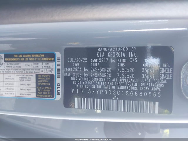 Aukcja sprzedaży 2025 Kia Telluride Ex X-line, vin: 5XYP3DGC1SG680565, numer aukcji: 44593181