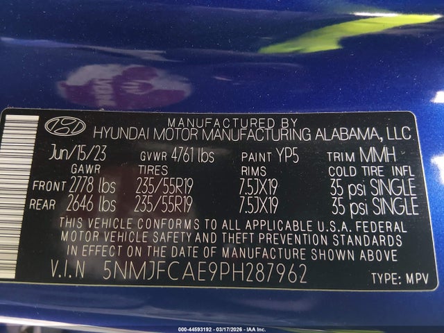 44593192 :رقم المزاد ، 5NMJFCAE9PH287962 vin ، 2023 Hyundai Tucson Sel مزاد بيع