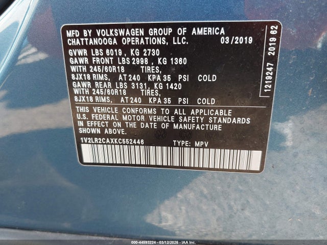 Продаж на аукціоні авто 2019 Volkswagen Atlas 3.6l V6 Se, vin: 1V2LR2CAXKC552446, номер лоту: 44593224