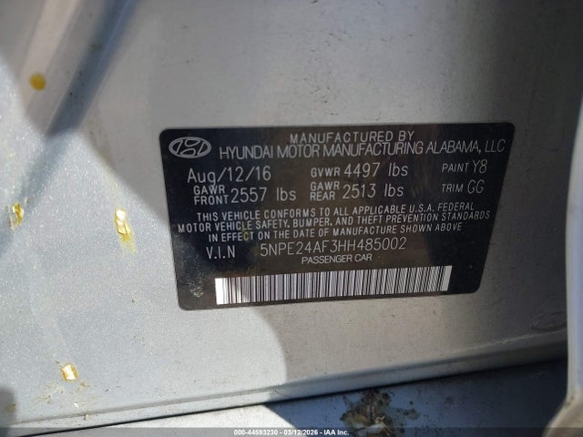 2017 Hyundai Sonata მანქანა იყიდება აუქციონზე, vin: 5NPE24AF3HH485002, აუქციონის ნომერი: 44593230