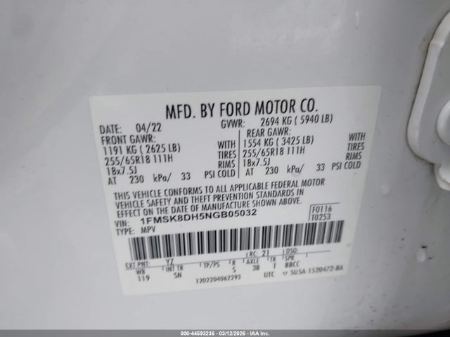 2022 Ford Explorer Xlt მანქანა იყიდება აუქციონზე, vin: 1FMSK8DH5NGB05032, აუქციონის ნომერი: 44593236