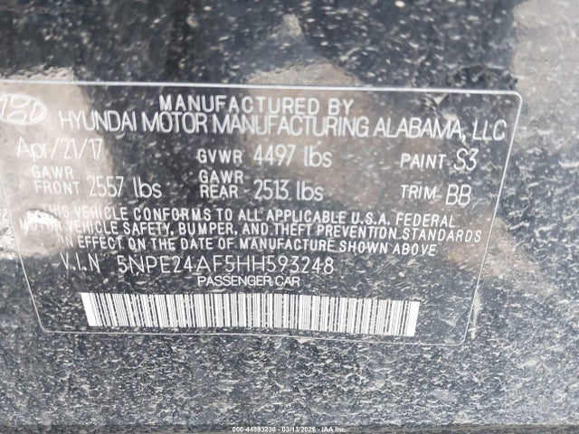 44593238 :رقم المزاد ، 5NPE24AF5HH593248 vin ، 2017 Hyundai Sonata مزاد بيع
