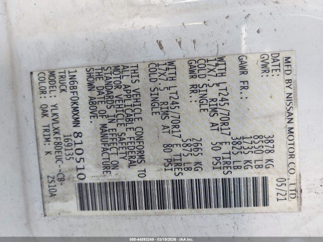 Продаж на аукціоні авто 2021 Nissan Nv Cargo Nv1500 Sv Standard Roof V6, vin: 1N6BF0KMXMN810510, номер лоту: 44593249