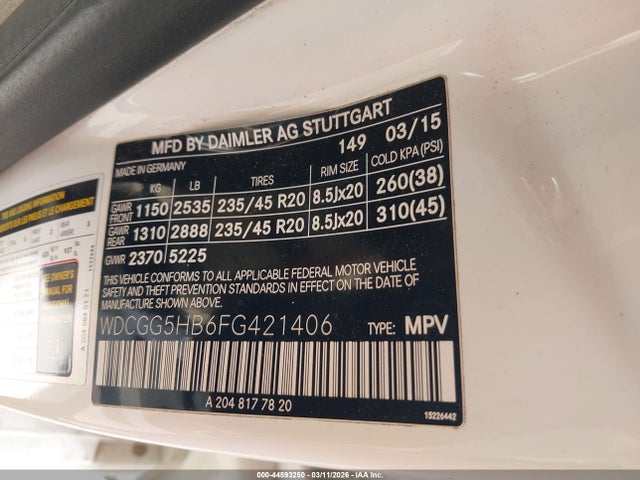 44593250 :رقم المزاد ، WDCGG5HB6FG421406 vin ، 2015 Mercedes-benz Glk 350 مزاد بيع
