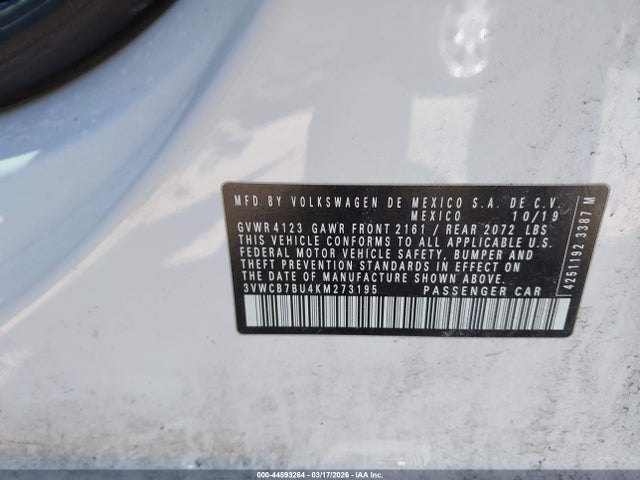 2019 Volkswagen Jetta 1.4t R-line/1.4t S/1.4t Se მანქანა იყიდება აუქციონზე, vin: 3VWCB7BU4KM273195, აუქციონის ნომერი: 44593264