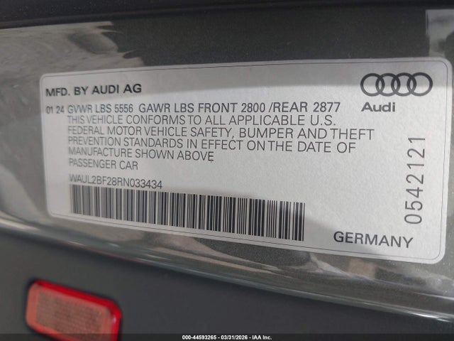 44593265 :رقم المزاد ، WAUL2BF28RN033434 vin ، 2024 Audi A6 Premium Plus 55 Tfsi Quattro S Tronic مزاد بيع
