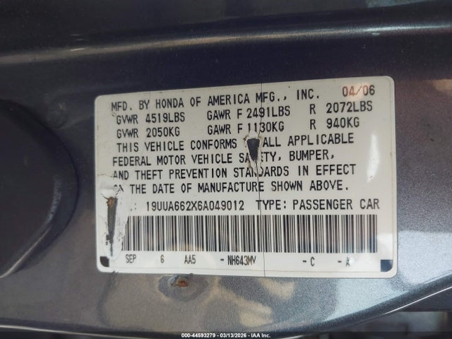 44593279 :رقم المزاد ، 19UUA662X6A049012 vin ، 2006 Acura Tl مزاد بيع