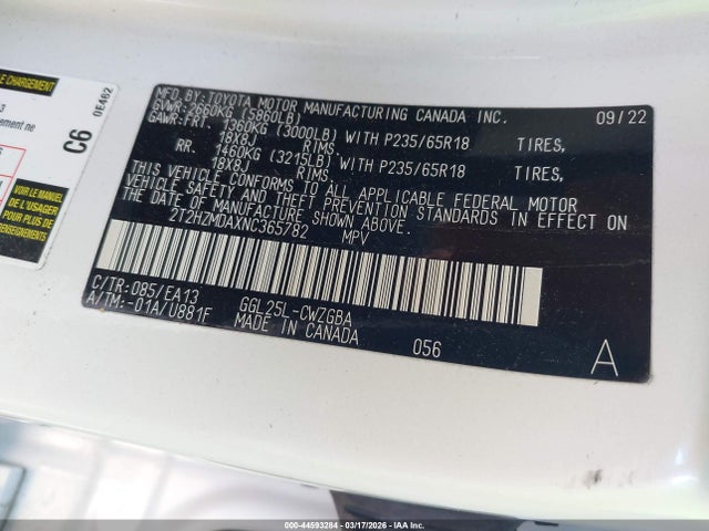 44593284 :رقم المزاد ، 2T2HZMDAXNC365782 vin ، 2022 Lexus Rx 350 مزاد بيع
