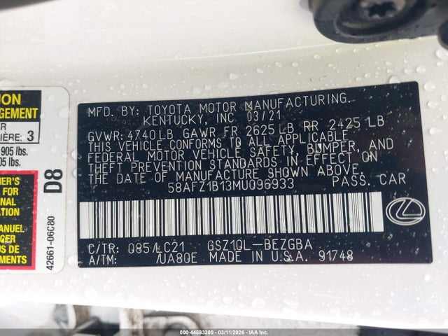 Aukcja sprzedaży 2021 Lexus Es 350 Ultra Luxury, vin: 58AFZ1B13MU096933, numer aukcji: 44593300
