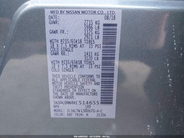 44593302 :رقم المزاد ، 5N1DL0MN4KC514655 vin ، 2019 Infiniti Qx60 Luxe مزاد بيع