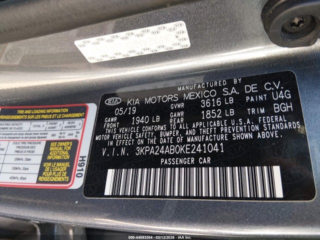44593304 :رقم المزاد ، 3KPA24AB0KE241041 vin ، 2019 Kia Rio S مزاد بيع