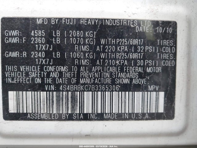 44593309 :رقم المزاد ، 4S4BRBKC7B3365306 vin ، 2011 Subaru Outback 2.5i Limited مزاد بيع