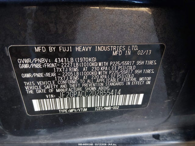 44593345 :رقم المزاد ، JF2GPACC2D2855414 vin ، 2013 Subaru Xv Crosstrek 2.0i Premium مزاد بيع