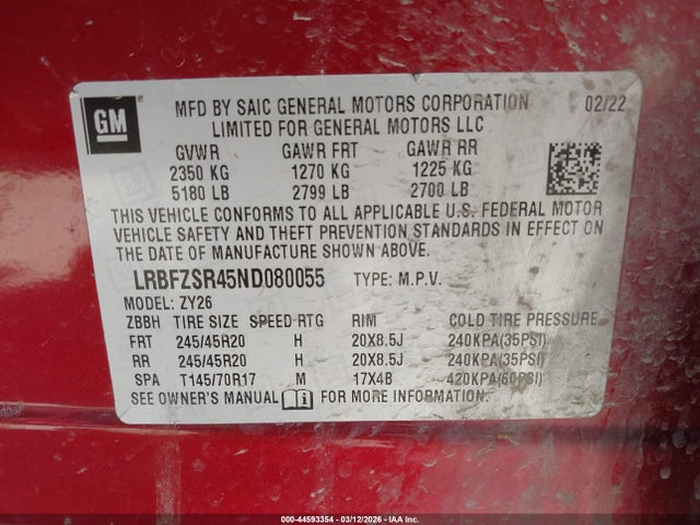 Продажа на аукционе авто 2022 Buick Envision Awd Avenir, vin: LRBFZSR45ND080055, номер лота: 44593354