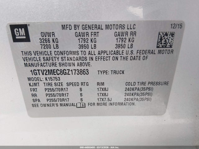 2016 Gmc Sierra 1500 Sle მანქანა იყიდება აუქციონზე, vin: 1GTV2MEC8GZ173863, აუქციონის ნომერი: 44593405