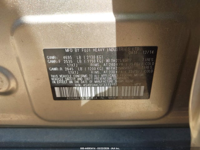 2015 Subaru Outback 2.5i მანქანა იყიდება აუქციონზე, vin: 4S4BSAAC5F3273102, აუქციონის ნომერი: 44593414