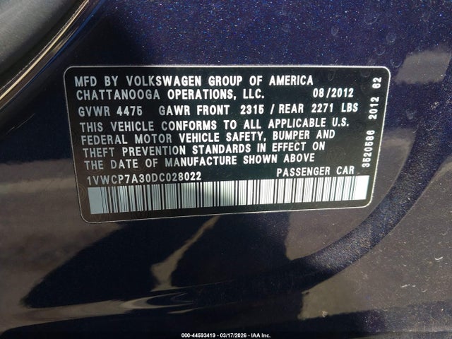 44593419 :رقم المزاد ، 1VWCP7A30DC028022 vin ، 2013 Volkswagen Passat 2.5l Sel Premium مزاد بيع