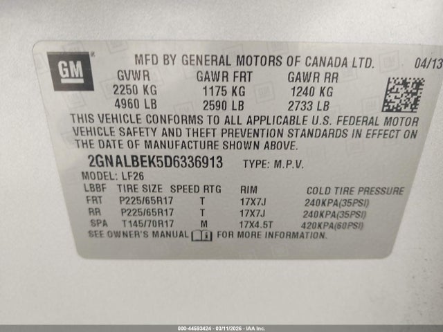 2013 Chevrolet Equinox Ls მანქანა იყიდება აუქციონზე, vin: 2GNALBEK5D6336913, აუქციონის ნომერი: 44593424