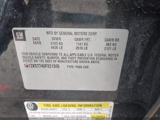 44593428 :رقم المزاد ، 1G1ZK57749F231309 vin ، 2009 Chevrolet Malibu Ltz مزاد بيع