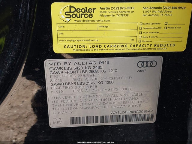 Продаж на аукціоні авто 2017 Audi Q5 2.0t Premium, vin: WA1L2AFPXHA009547, номер лоту: 44593440