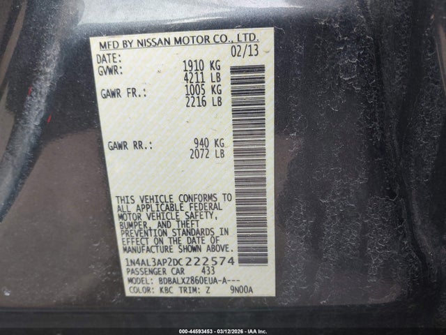 44593453 :رقم المزاد ، 1N4AL3AP2DC222574 vin ، 2013 Nissan Altima 2.5 Sl مزاد بيع