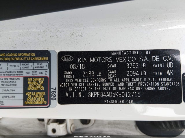 2019 Kia Forte S მანქანა იყიდება აუქციონზე, vin: 3KPF34AD5KE012715, აუქციონის ნომერი: 44593454