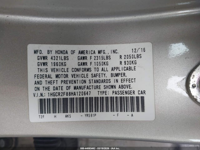 2017 Honda Accord Ex-l მანქანა იყიდება აუქციონზე, vin: 1HGCR2F88HA120647, აუქციონის ნომერი: 44593462